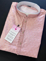 Tea Pink Color Raw Silk Kurta Pajama for Men | Self Design Embroidery Buttis | Cream Mens Kurta | Beige Color Kurta | Kurta Store in USA - Kaash