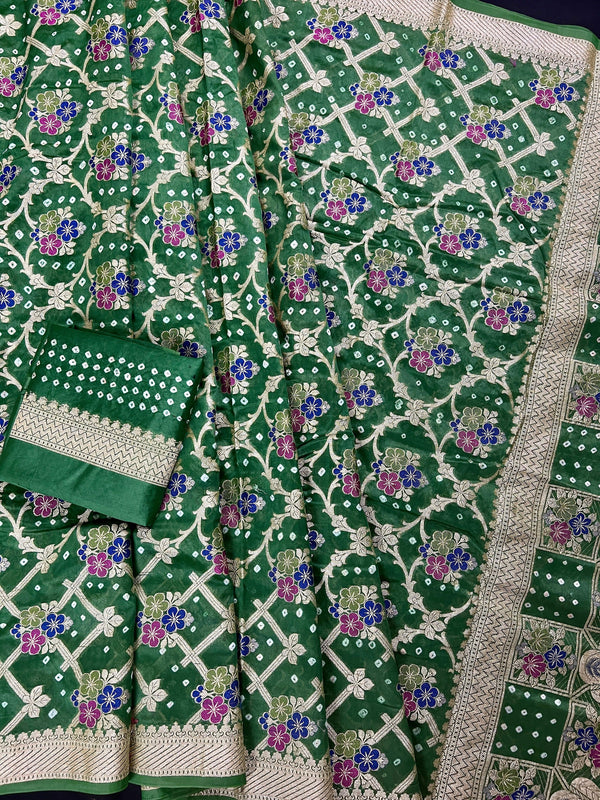 Green Color Bandhej Saree - Banarasi Semi Dupion Silk with Work Muted Gold Zari and Meenakari Work - Handwoven Sarees - Banarasi Saree - Kaash