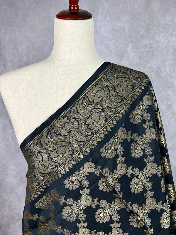 Black Color Floral Jaal Muted Gold Zari Weaved Dupatta  | Floral Silk Dupatta | Zari Work | Dupatta | Stole | Scarf | Dupattas for Gifts