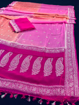 Alia Bhatt Inspired Hot Pink Pure Chiffon Silk Saree with Sliver Zari Work | Multi Color Shades | SILK MARK CERTIFIED | Party Wear Sarees - Kaash