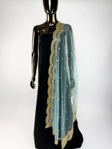 Aqua Blue net dupatta with gold zari, sequin & beads — Kaash Collection