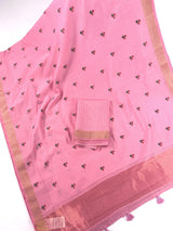 Baby Pink Color Cotton Saree with small Embroidery floral and tissue borders and Pallu | Cotton Sarees - Kaash