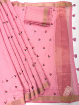 Baby Pink Color Cotton Saree with small Embroidery floral and tissue borders and Pallu | Cotton Sarees - Kaash