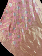 Baby Pink Linen Silk saree in linen silk with banarasi borders with floral jaal weave — Kaash Collection