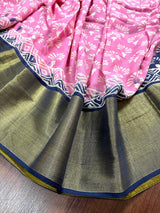 Baby Pink Color Pure Khaadi Linen Cotton with Tissue Borders - Authentic Handloom Saree - Bengal Sarees - Kaash Collection - Kaash