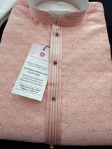 Baby Pink Men Kurta Pajama with Zari Weave work and Self Embroidery - Kaash