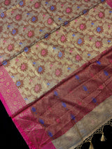 Dark Beige Banarasi Semi Soft Tissue saree in banarasi semi soft silk tissue with antique zari with meenakari & banarasi borders — Kaash Collection