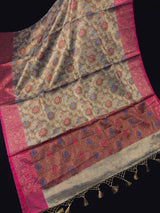 Dark Beige Banarasi Semi Soft Tissue saree in banarasi semi soft silk tissue with antique zari with meenakari & banarasi borders — Kaash Collection