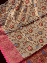 Dark Beige Banarasi Semi Soft Tissue saree in banarasi semi soft silk tissue with antique zari with meenakari & banarasi borders — Kaash Collection