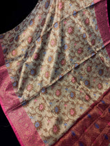 Dark Beige Banarasi Semi Soft Tissue saree in banarasi semi soft silk tissue with antique zari with meenakari & banarasi borders — Kaash Collection