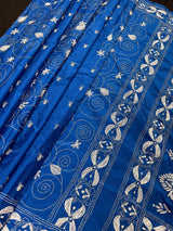 Royal Blue with White Kantha hand Kantha stitch saree on Bangalori silk — Kaash Collection