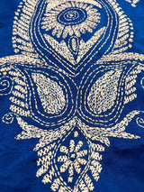 Royal Blue with White Kantha hand Kantha stitch saree on Bangalori silk — Kaash Collection