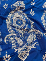 Royal Blue with White Kantha hand Kantha stitch saree on Bangalori silk — Kaash Collection