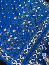 Royal Blue with White Kantha hand Kantha stitch saree on Bangalori silk — Kaash Collection