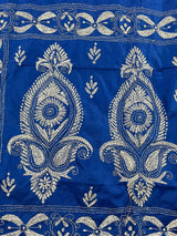 Royal Blue with White Kantha hand Kantha stitch saree on Bangalori silk — Kaash Collection