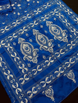 Bangalori Silk Saree with Hand Kantha Stitch in Royal Blue Color | Handwoven Kantha Stitch Sarees | Kantha Saress | Silk Sarees - Kaash