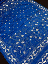 Bangalori Silk Saree with Hand Kantha Stitch in Royal Blue Color | Handwoven Kantha Stitch Sarees | Kantha Saress | Silk Sarees - Kaash