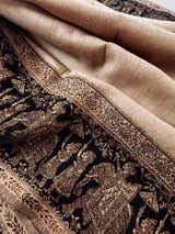Beige and Black wool Kashmiri shawl with gold & copper resham aari thread work — Kaash Collection
