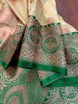 Beige and Green Banarasi Silk Saree with Muted Gold and Copper Zari Weave - Kaash