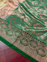 Beige and Green Banarasi Silk Saree with Muted Gold and Copper Zari Weave - Kaash