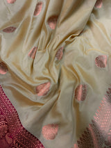 Beige and Hot Pink Banarasi Silk Saree with Muted Gold and Copper Zari Weave - Kaash