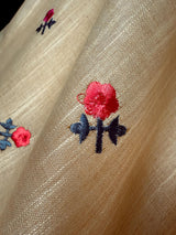 Beige & Orange Pure Linen saree in pure linen with floral embroidery with zari pallu — Kaash Collection