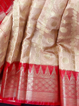 Beige and Red Semi Banarasi Silk Saree - Handmade Soft Silk Sarees - Banarasi Saree- Sarees in USA - Festive and Party Wear Saree - Saree for Gift - Kaash