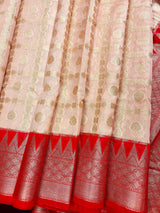 Beige and Red Semi Banarasi Silk Saree - Handmade Soft Silk Sarees - Banarasi Saree- Sarees in USA - Festive and Party Wear Saree - Saree for Gift - Kaash