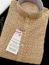 Beige men's kurta pajama in georgette with lucknowi chikankari embroidery — Kaash Collection
