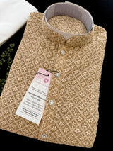 Beige men's kurta pajama in georgette with lucknowi chikankari embroidery — Kaash Collection