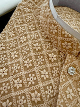 Beige men's kurta pajama in georgette with lucknowi chikankari embroidery — Kaash Collection