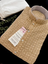 Beige men's kurta pajama in georgette with lucknowi chikankari embroidery — Kaash Collection