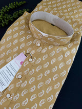 Beige men's kurta pajama in pure cotton with small gold parsley buttis on cotton — Kaash Collection