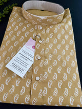 Beige men's kurta pajama in pure cotton with small gold parsley buttis on cotton — Kaash Collection