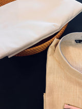 Beige men's kurta pajama in pure cotton silk with premium cotton silk with fancy buttons — Kaash Collection