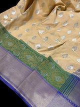 Beige with Green & Blue Banarasi saree in banarasi silk with silver buttas with double maroon border — Kaash Collection