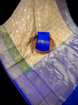 Beige with Green & Blue Banarasi saree in banarasi silk with silver buttas with double maroon border — Kaash Collection
