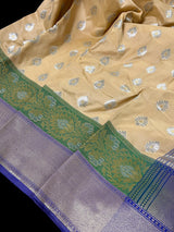 Beige Color Traditional Banarasi Silk Handloom Saree -Green and Blue Combination with Beige Silk Saree - Kaash