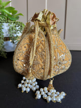 Beige Color Velvet Wedding Potli Bag | Handmade Embellished Stone and Pearl | Desi Indian Pakistani Wedding Purse | Evening Party Purse - Kaash