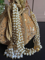 Beige Color Velvet Wedding Potli Bag | Handmade Embellished Stone and Pearl | Desi Indian Pakistani Wedding Purse | Evening Party Purse - Kaash