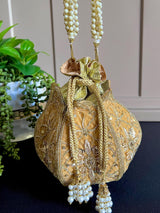 Beige Color Velvet Wedding Potli Bag | Handmade Embellished Stone and Pearl | Desi Indian Pakistani Wedding Purse | Evening Party Purse - Kaash