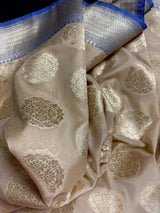 Beige Cream with Blue Banarasi saree in banarasi soft silk with muted gold buttas with 7.5" pastel blue border — Kaash Collection