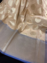 Beige Cream with Blue Banarasi saree in banarasi soft silk with muted gold buttas with 7.5" pastel blue border — Kaash Collection