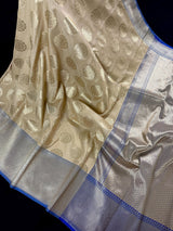 Beige Cream with Blue Banarasi saree in banarasi soft silk with muted gold buttas with 7.5" pastel blue border — Kaash Collection