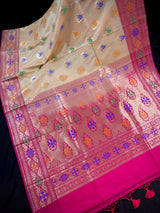 Beige Cream Color Banarasi Soft Silk Saree with Buttas and Meenakari Work | Soft Silk Handloom | Meenakari Saree - Kaash