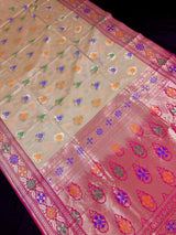 Beige Cream Color Banarasi Soft Silk Saree with Buttas and Meenakari Work | Soft Silk Handloom | Meenakari Saree - Kaash
