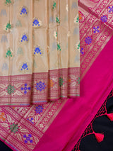 Beige Cream Color Banarasi Soft Silk Saree with Buttas and Meenakari Work | Soft Silk Handloom | Meenakari Saree - Kaash