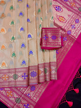 Beige Cream Color Banarasi Soft Silk Saree with Buttas and Meenakari Work | Soft Silk Handloom | Meenakari Saree - Kaash
