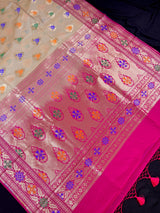 Beige Cream Color Banarasi Soft Silk Saree with Buttas and Meenakari Work | Soft Silk Handloom | Meenakari Saree - Kaash