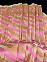 Beige Gold Color with Copper and Deep Rose Pink - Mashru Silk Tanchoi Saree with Jamawar Pallu - Kaash